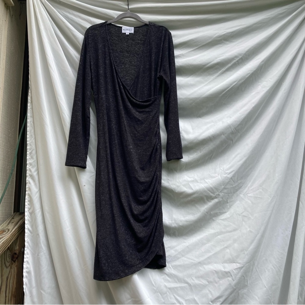 Olive & Oak black faux wrap dress with ruching on one side, size medium